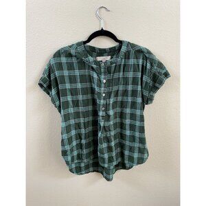 Loft Green Plaid XS Button-Up Short Sleeve Blouse Womens Cotton Blend Boho